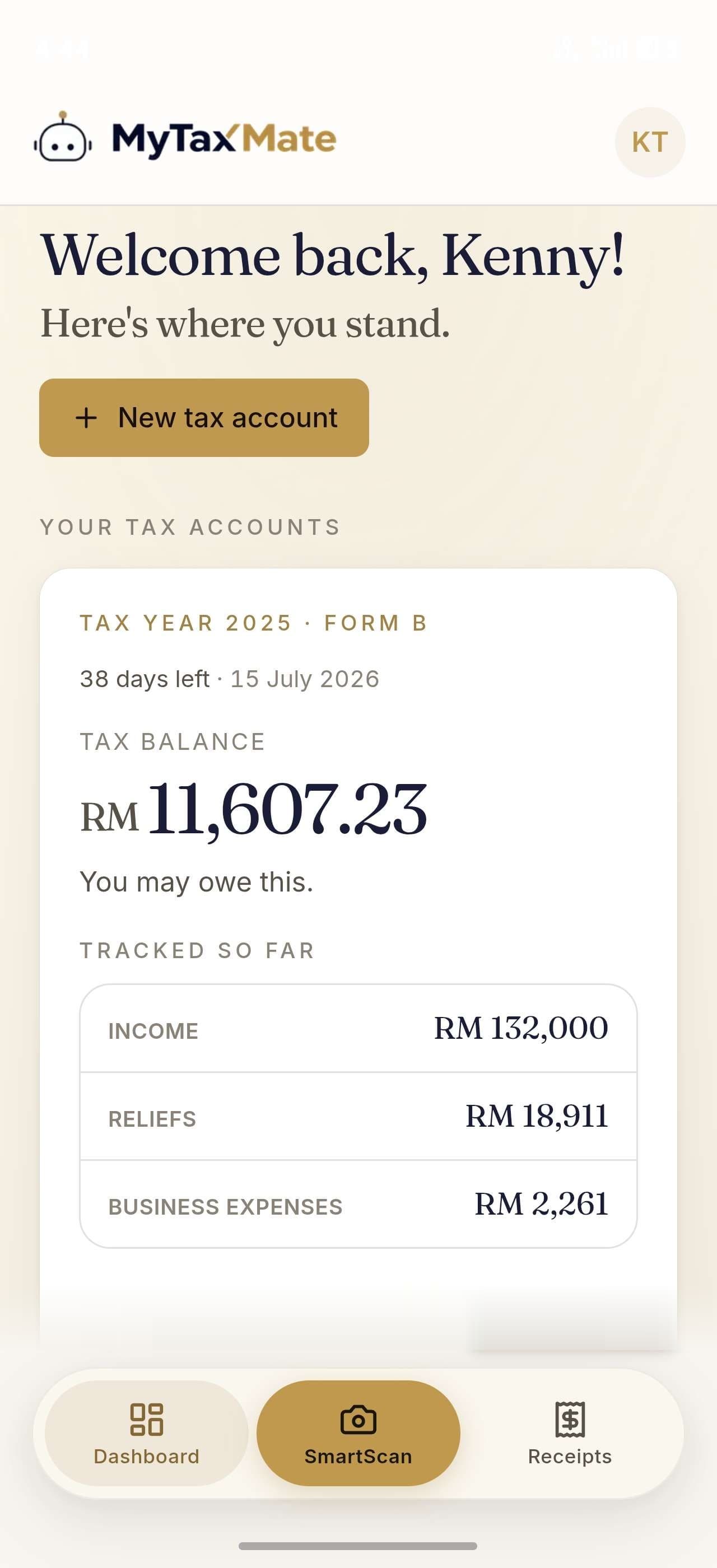 MyTaxMate dashboard showing your live tax balance after reliefs are applied