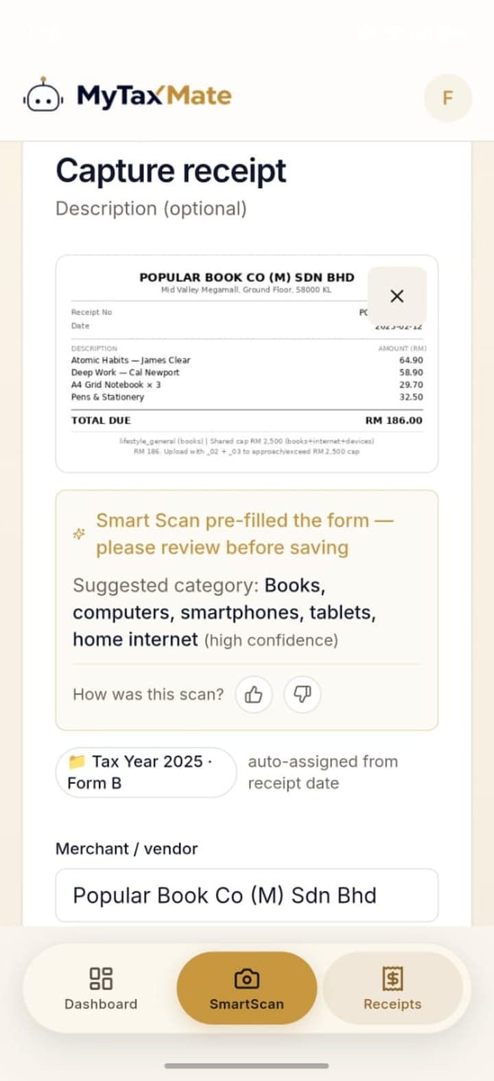 SmartScan reads every receipt