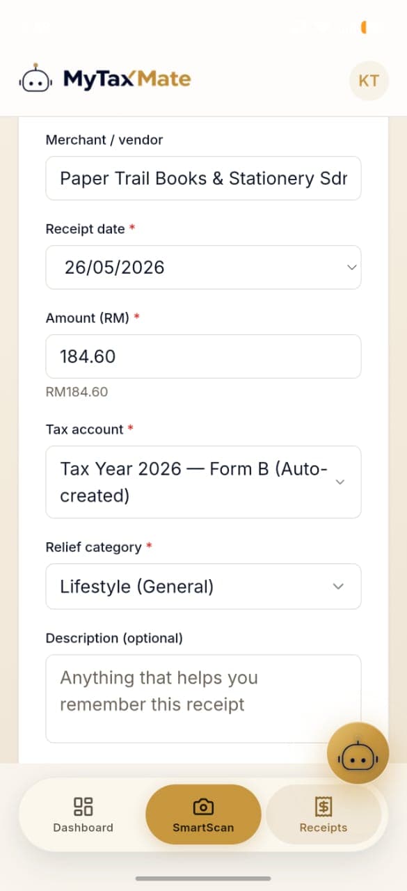 MyTaxMate automatically suggesting a Lifestyle tax relief for the scanned receipt