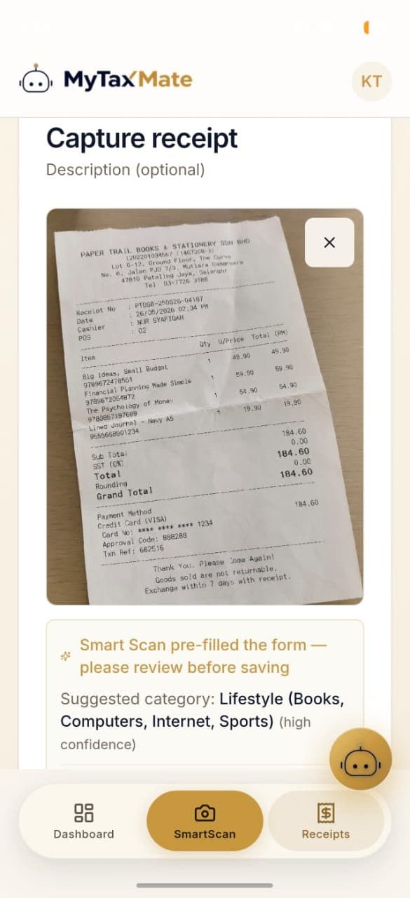 MyTaxMate capture-receipt screen with SmartScan reading a receipt